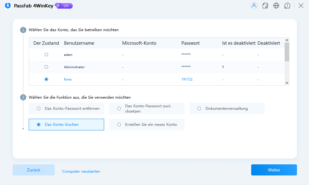 choose delete account passfab 4winkey guide