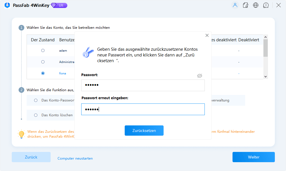 enter new password passfab 4winkey guide