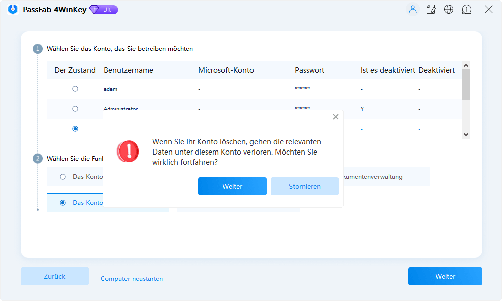 choose delete account passfab 4winkey guide