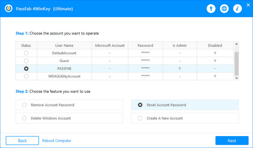 choose reset password for windows account