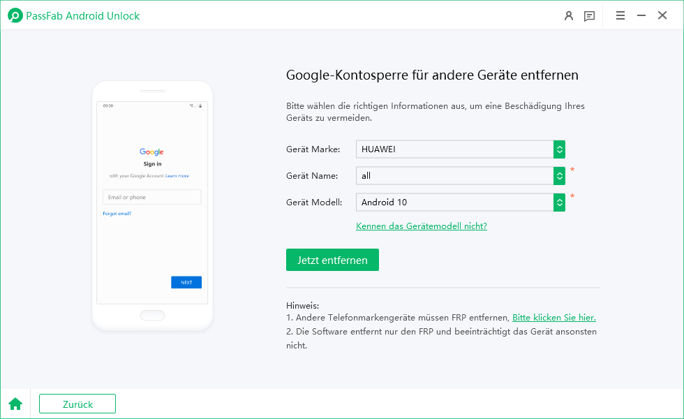 click start to remove huawei screen lock