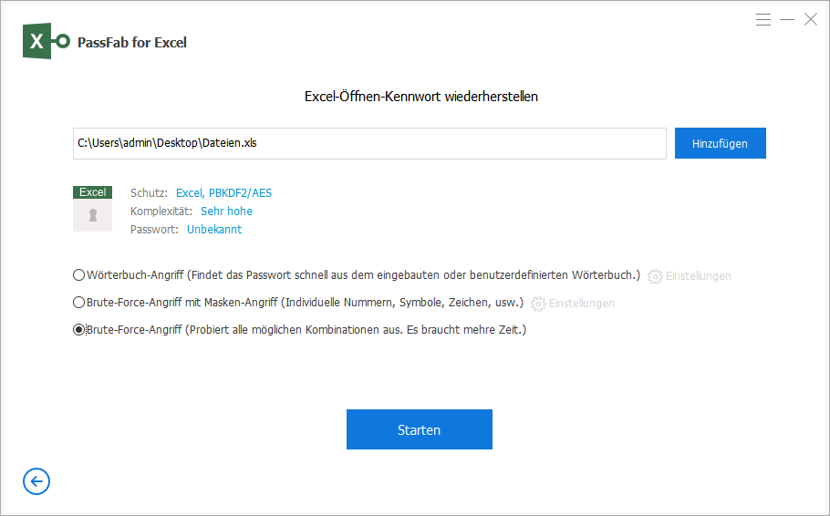 choose brute force attack in passfab for excel