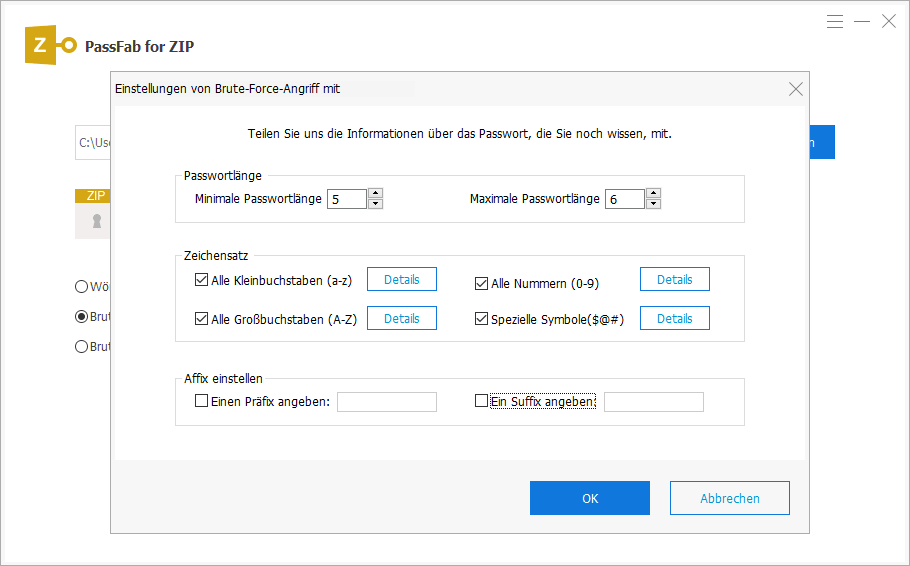 brute force with mask attack settings in passfab for zip