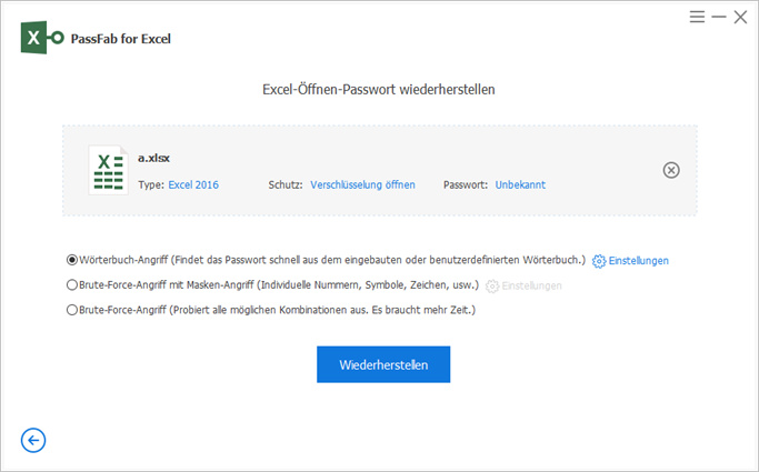 Wählen Sie einen Angriff, um das Passwort von Excel zu knacken