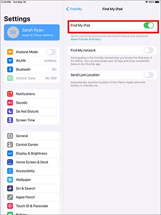 ausschalte find my ipad