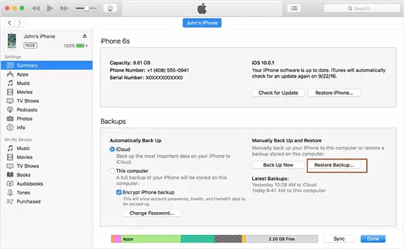 klicken auf restore backup