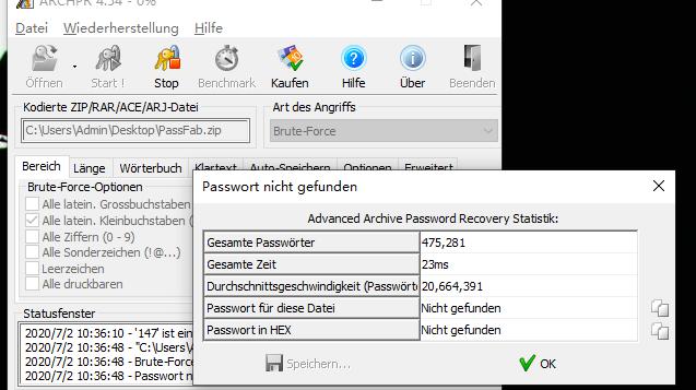 advanced archive password recovery falsche option